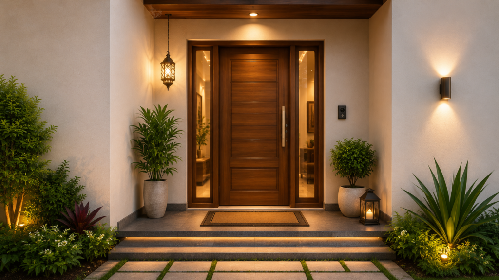 Modern house entrance showing proper main door placement and unobstructed entryway.