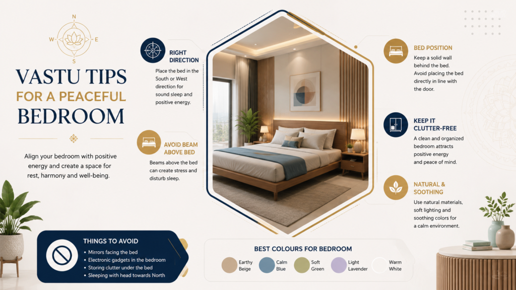 Spacious modern bedroom with a wooden bed, warm ambient lighting, neutral décor, large window, indoor plant, and Vastu-inspired interior design.